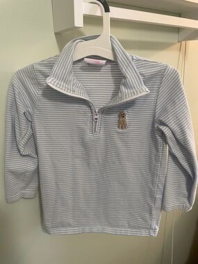 Striped Light Blue Quarter-Zip Pullover with Dog Patch for Kids